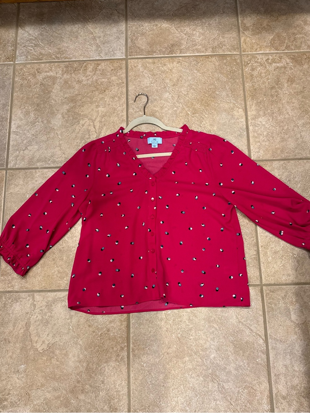 CeCe Fuchsia Dot V-Neck Blouse